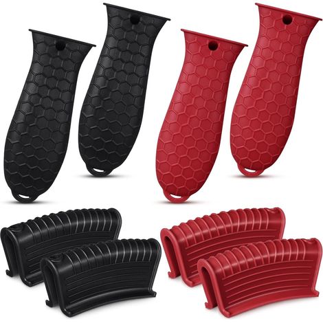 8 pièces en silicone sans glissement de poignée de pot couvre les manches en fonte résistante à la chaleur (noir + rouge) (1/5)
