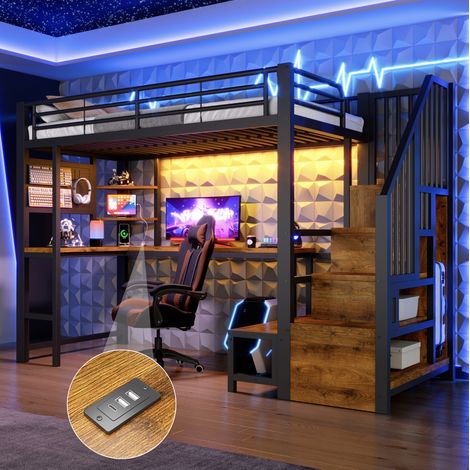 Hochbett 90x200cm mit Schreibtisch, Lochwand, Leiterschrank, LED-Beleuchtung & USB-C – Schwarz: Stauraum, Eleganz & Sicherheit für Ihr Kinderzimmer (1/5)