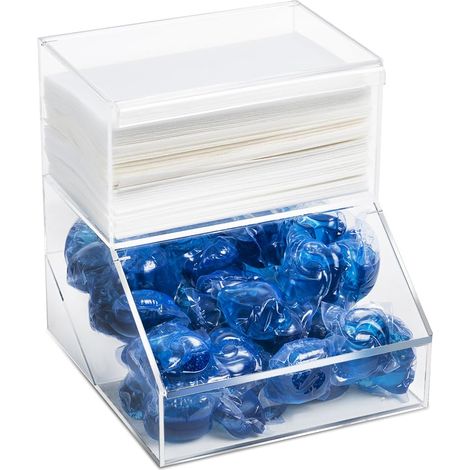 Porte-dosettes à linge et distributeur de feuilles de sèche-linge – Récipient en acrylique à 2 compartiments avec couvercles pour ranger les épingles à linge, les boules de coton, les capsules (1/5)