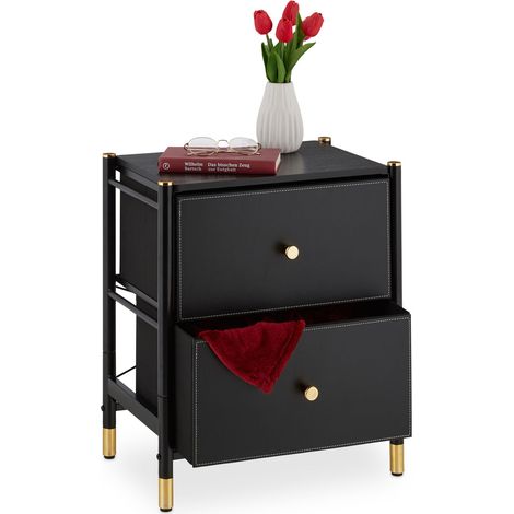 Relaxdays Comodino Camera da Letto, 2 Cassetti, 55,5 x 46 x 33 cm, Cassettiera Semplice per il Salotto, Nero Dorato