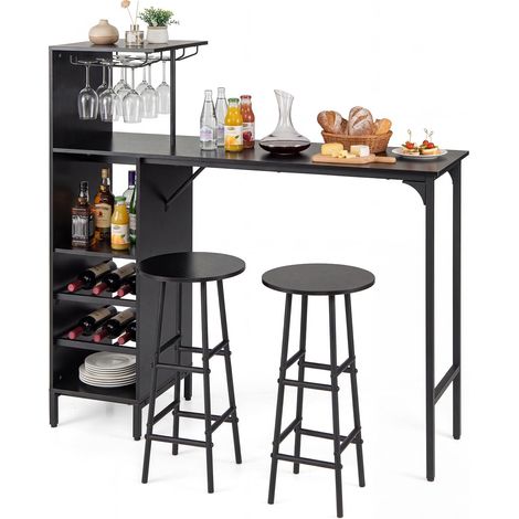 COSTWAY Set 3 Pezzi Tavolo e Sedie da Bar, Tavolo e Sgabelli da Pub Industriale con Porta Calici e 6 Portabottiglie da Vino, Set di Tavolo per Sala da Pranzo, Ristorante e Bar (Nero) (1/5)