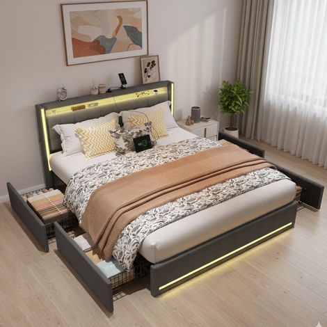 Lit double capitonné 140x190 cm - éclairage LED - fonction de charge USB - 4 Tiroirs - sommier à lattes - pour adultes et adolescents - lin - Gris (1/5)
