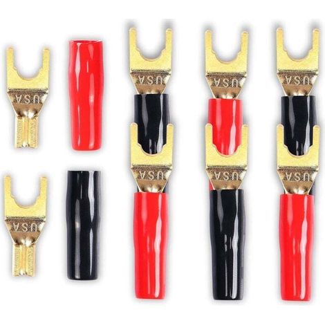 Conector en horquilla en forma de Y para cable de altavoz. 8 unidades. Conector en horquilla en forma de Y de 45 grados chapado en oro para cable de altavoz DIY (rojo y negro).