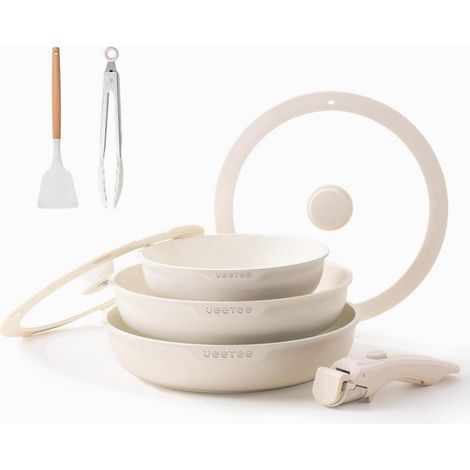 Set de poêles induction 8 pièces avec manche amovible, 3 poêles à frire & accessoires