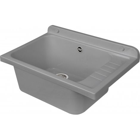 Fregadero de pared 58x38 cm con escurridor – Gris – Profundo y resistente a los rayos UV – Ideal para exteriores – Kit de montaje – Negrari (1/5)