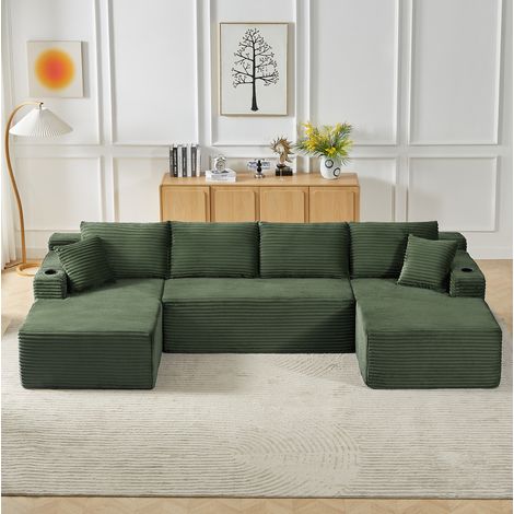 CHICFURN Canapé modulaire en U en tissu vert, canapé de sol sans montage avec assise profonde, sofa modulable 3 pièces pour salon, soutien ergonomique (1/5)