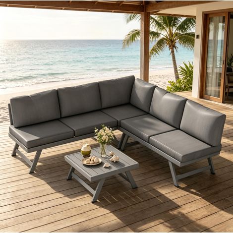 Salón de jardín esquinero de 4 piezas gris, 5 plazas, con mesa de centro OKMYHOME (1/4)