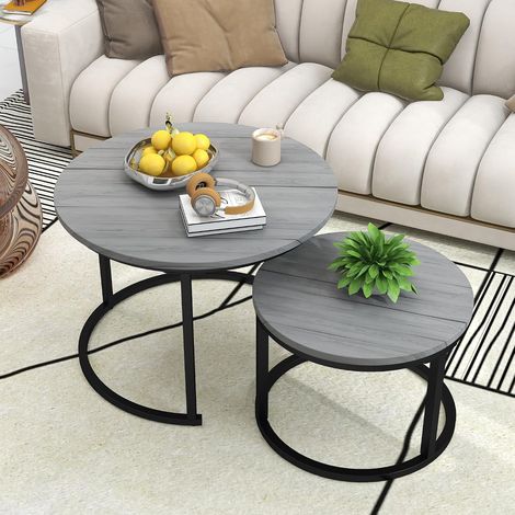 Lot de 2 tables basses rondes gigognes pour salon, chambre à coucher, balcon (gris, diamètre 60/40 cm) (1/5)