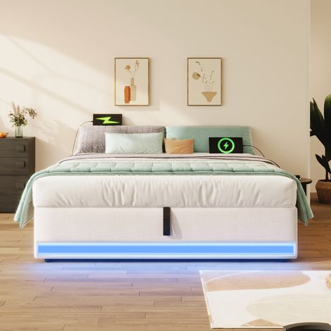 letto contenitore 140x200 LED USB lino beige salvaspazio HAVRYA (1/5)