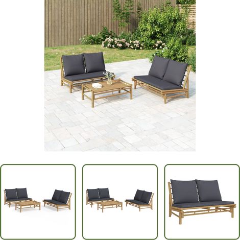 vidaXL Gartenbank -  3-tlg. Garten-Lounge-Set mit Dunkelgrauen Kissen Bambus (1/5)