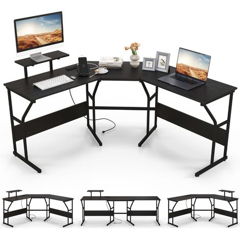 Scrivania angolare L con presa elettrica supporto monitor 225cm Nero (1/5)
