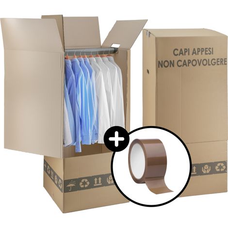 2 Scatole Cartone Porta Abiti con Barra Appendiabiti 50x50 cm h 120 cm - Nastro Omaggio - Per trasloco Armadio