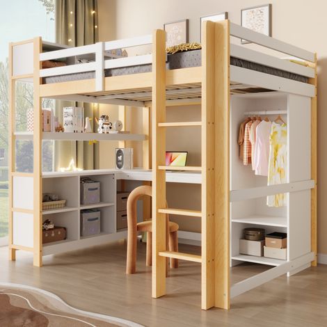 Cama alta minimalista 140x200 cm de pino natural con escritorio, estanterías, armario y barandilla de seguridad