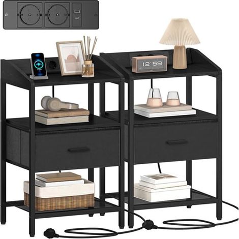Table de Chevet Lot de 2, Table d'Appoint avec Multiprise, Tables de Nuit avec 1 tiroir en Tissu et Compartiment Ouvert, pour Chambre à Coucher, Salon,Noir (1/5)