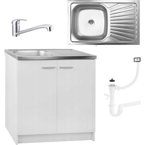 Küchenzeile + Spüle + Armatur – Weiß – 80 x 46 cm – Siphon mit Überlauf – 80 x 50 cm