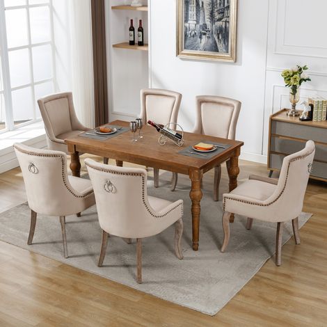 Chaise de salle à manger luxueuse (chaise de cuisine, chaise de salon, lot de 6), chaise rembourrée avec clous décoratifs, pieds en bois massif, revêtement en velours, beige
