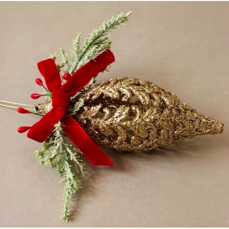 Ornement de sapin forme goutte ajourée dorée pailletée 16 cm, décoration de Noël avec nœud rouge (1/3)
