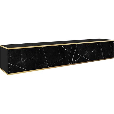 Meuble TV, Noir Mat / Noir royal marbre, 175 × 30 × 32 cm, Push to Open (1/5)