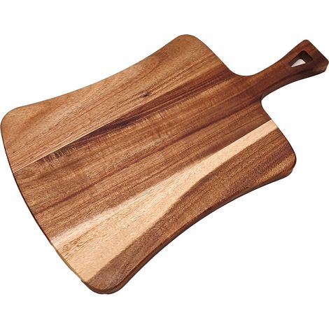 Planche à découper en bois avec poignée, idéale pour servir charcuterie, fromages, pain, légumes et fruits. Dimensions : 46 x 26 x 1,5 cm. Forme irrégulière. (1/5)