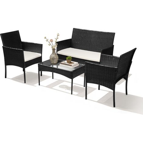 Randaco Polyrattan Garten Sitzgruppe 4-teilig mit Sofa, 2 Stühlen, Glastisch und Sitzkissen für Balkon Terrasse Schwarz (1/5)