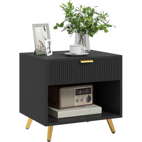 Elegant Bedside Table, with Drawer Shelf - Black/Gold Tone (1/5)