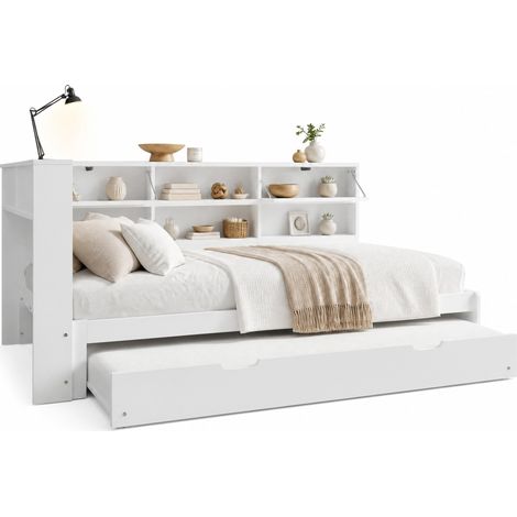 Divano letto estraibile 140x200 cm con testiera contenitore, USB+Tipo C, bianco, senza materasso, per piccoli spazi CHICFURN (1/5)