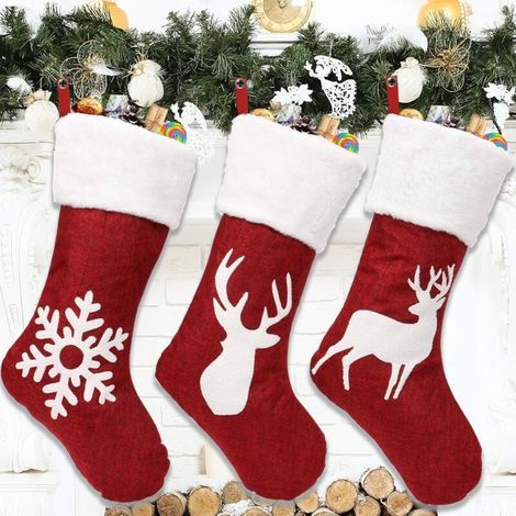 3-teiliges Set hängender Weihnachtsstrümpfe, großer Weihnachtsstrumpf, Baumschmuck, Kamindekoration, Weihnachtsmann, Rentier, Schneemann, Weihnachtsstrumpf für Süßigkeiten, Kekse, Geschenktüten (1/4)