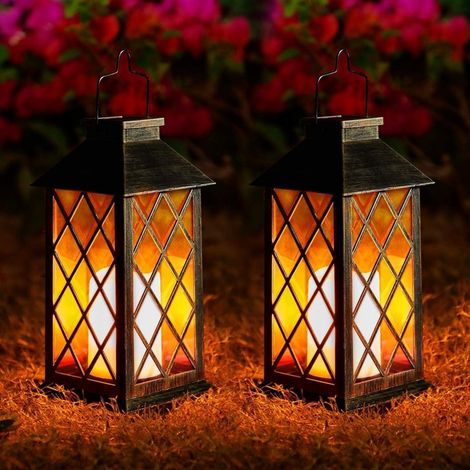 Lampe Extérieure Solaire - 14 x 14 x 33,5 cm - IP44 - Effet Flamme Vacillante - Pour Terrasse Jardin Balcon Mur - Lot de 2