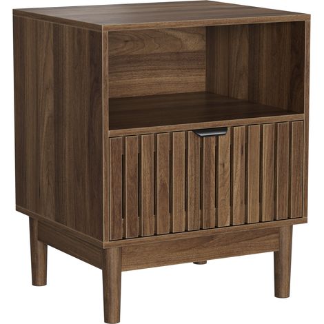 Table de chevet moderne au style médiéval en noyer, avec design à lattes et un tiroir, adaptée à la chambre, au couloir, au salon et à la chambre d’enfant, 45 x 39 x 56,5 cm, 1 pièce (1/5)
