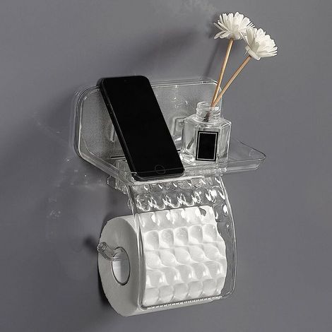 royaluxe - Porte-rouleau de papier toilette avec couvercle et étagère, montage mural sans perçage, étanche, auto-adhésif pour salle de bain, plastique transparent. (1/5)