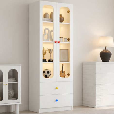 Vitrine 60x35x170 cm en MDF et verre blanche, LED RGB, rangement intégré gain de place – MEUBLIV (1/5)