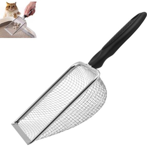 Pala para arena de gato, Pala de acero inoxidable con tamiz, Mango ergonómico, conejos, hámsteres, Negra, 27 × 10 × 5 cm, Tamaño de malla: 2 mm (1/5)