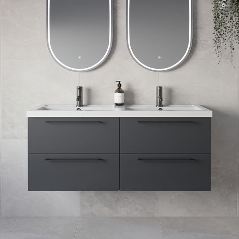 Napoli 390 Gloss Grey 1200mm Wall Mounted 4 Drawer Vanity Unit with Double Lucia Basins - 1200mm - Gunmetal Grey 320mm Handle