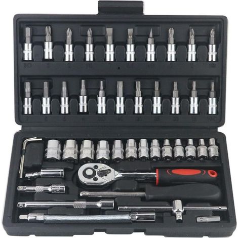 46-teiliger Ratschenschlüsselsatz mit 1/4-Zoll-Antrieb, metrischen Stecknüssen und Verlängerungsstange für Autoreparaturen und den Heimgebrauch (schwarz)