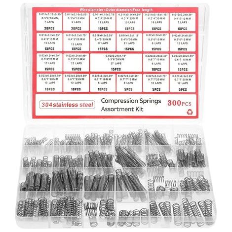 Lot de 300 - Ressort de compression - Acier inoxydable 304 - Résistance à la corrosion et élasticité durable - Pour modélisme réparation et atelier - Argent - Fil 0,4-1,0 mm x Diamètre 3-8 mm (1/5)