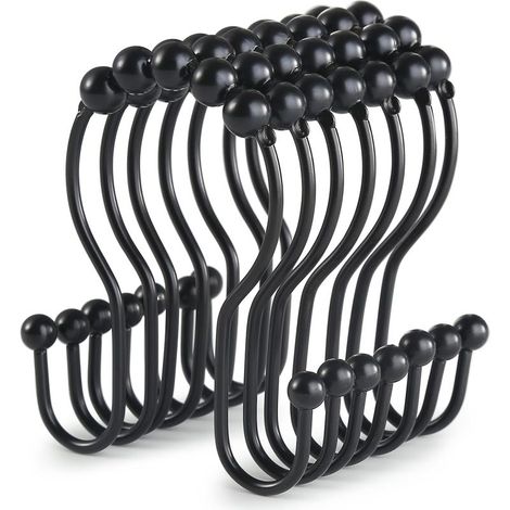 Lot de 12 crochets de rideau de douche noirs, anneaux de rideau de douche antirouille, doubles anneaux coulissants et antichute pour rideau (noir)