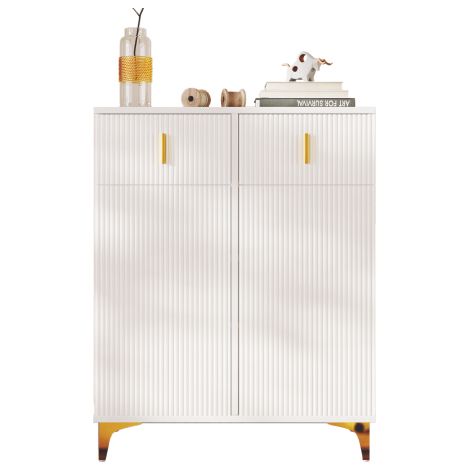 Buffet / Meuble à chaussures élégant avec panneaux texturés, étagères réglables, éléments décoratifs dorés et tiroirs coulissants