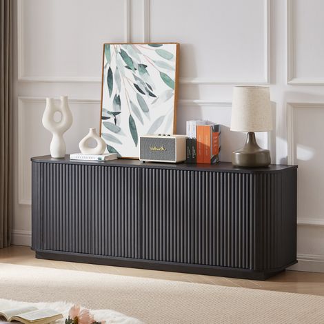Buffet 162.5x38x61 cm noir en MDF avec façades ondulées et 4 portes push-to-open (1/5)