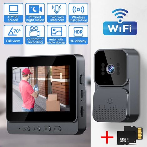 Sonnette vidéo sans fil intelligente avec audio bidirectionnel, interphone et caméra de sécurité pour la maison (carte incluse).-AquaForge