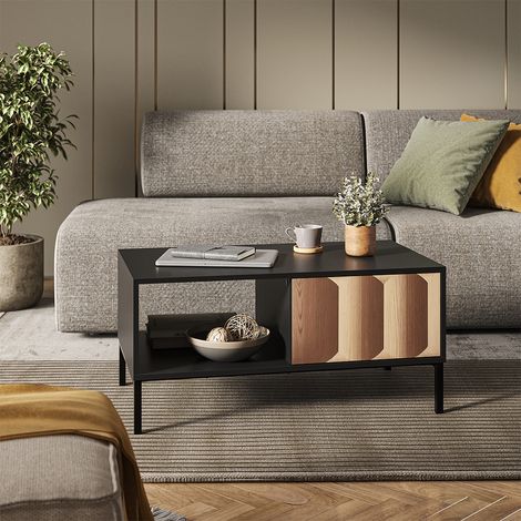 Mesa de centro Eliza, Negro/roble, 90 x 50 cm con cajón, Vicco