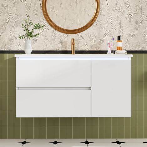 Meuble sous vasque suspendu 91,5 x 46,5 x 50,5 cm avec LED à détecteur, 2 tiroirs, 1 porte, MDF blanc (1/5)
