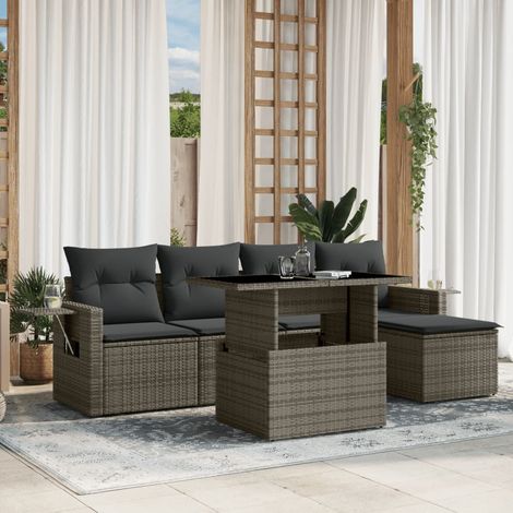 6-tlg. Garten-Sofagarnitur mit Kissen Grau Poly Rattan vidaXL (1/5)