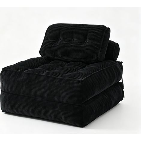 Fauteuil au sol 2-en-1 Pliable Velours Côtelé Noir, Dossier Inclinable, Canapé-lit d’appoint multifonction confortable pour Salon et Chambre à Coucher (1/5)