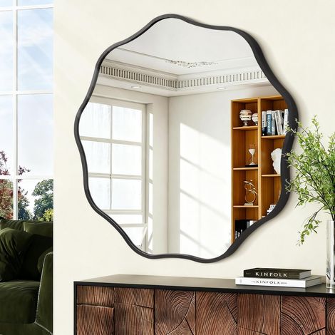 Grand miroir mural rond ondulé noir de 70 cm avec cadre en métal moderne pour salle de bain, salon, chambre à coucher, entrée, couloir, décoration d'intérieur (1/5)
