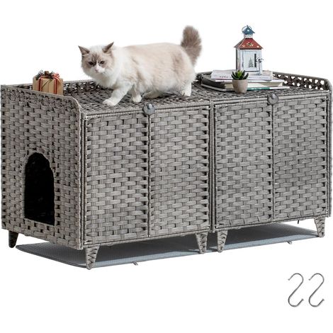 Meuble cache-litière en rotin tressé à la main pour chat – Maison spacieuse avec porte, tapis et crochets S – Rangement discret pour bac à litière, facile à nettoyer – Idéal salon ou chambre – Gris (1/5)