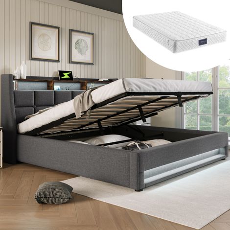 Lit coffre rembourré en lin gris 140x200 cm avec LED, USB, sommier à lattes et matelas inclus (1/5)