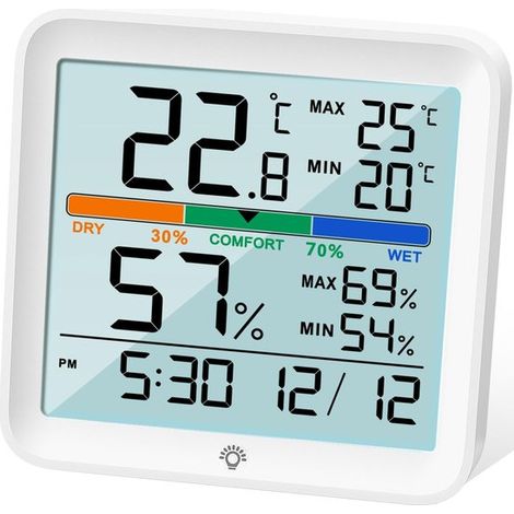 Innenthermometer/Hygrometer digitales Präzisions Feuchtigkeitsmessgerät Temperaturmonitor mit MAX/MIN Aufzeichnung, beleuchtetem LCD Display, Uhr (1/5)