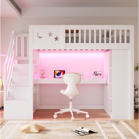 Cama alta 90/200 cm blanca con escritorio, LED, enchufes y almacenaje (1/5)