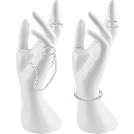 Lot de 2 présentoirs à bijoux pour bracelets, bagues et colliers - Modèle de main féminine - Porte-bijoux pour colliers, bagues, bracelets (blanc) (1/5)