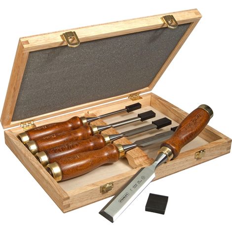 Ciseau À Bois avec manche Bois Dans Un Coffret - Vernis incolore - Lame en Acier Chromé - Jeu de 5 Ciseaux - 2-16-217 (1/3)